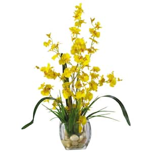 19 in. Artificial Dancing Lady Orchid Liquid Illusion Silk Flower Arrangement in Yellow