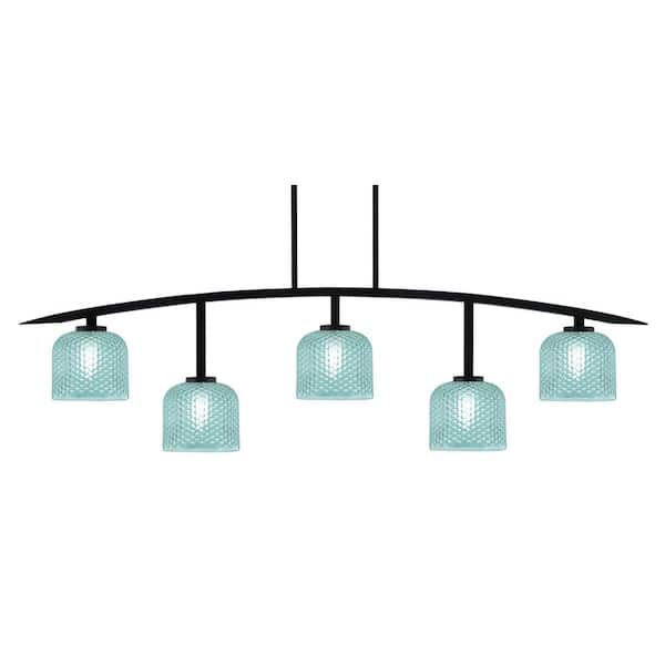 Unbranded Siena 5-Light Matte Black Billiard-Light with Turquoise Textured Glass Shades