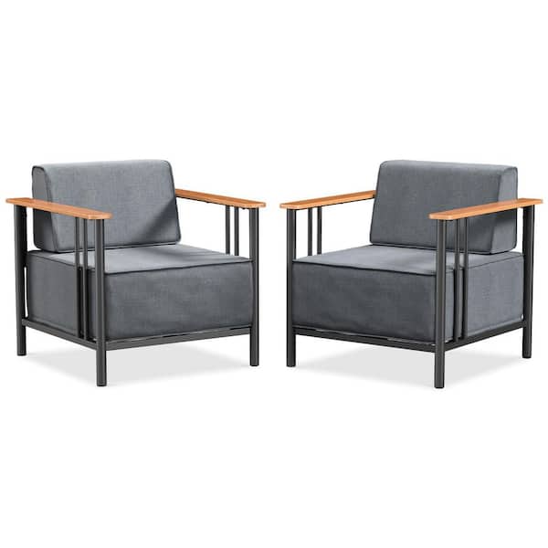 Minimalism 2-Piece Patio Metal Outdoor Lounge Chair with Dark Gray Cushions