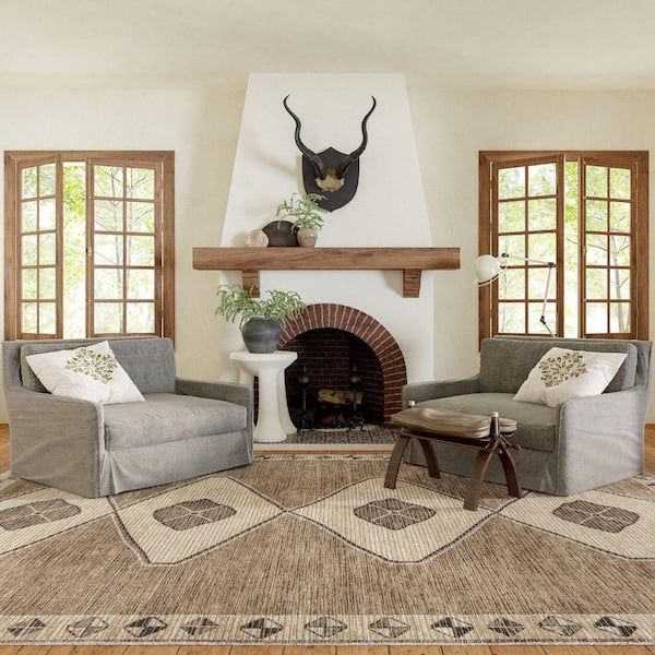 Fennel Diamond Machine Washable Light Brown 9 ft. x 12 ft. Indoor/Outdoor Patio Rug