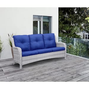 Carolina Light Gray Wicker Outdoor Couch with Blue Cushions