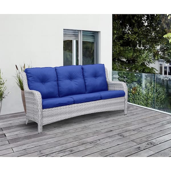Gymojoy Carolina Light Gray Wicker Outdoor Couch with Blue Cushions