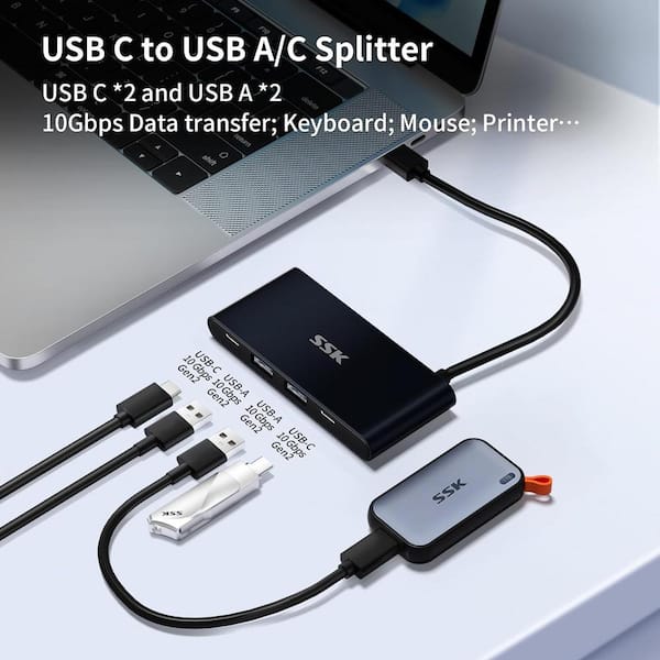 Etokfoks USB-C Hub Black, 10Gbps, 4 USB Ports Splitter - 2 Usb-c, 2 USB-A Ports, USB 3.2 Hub Multiport Adapter Extender (1-Pack)
