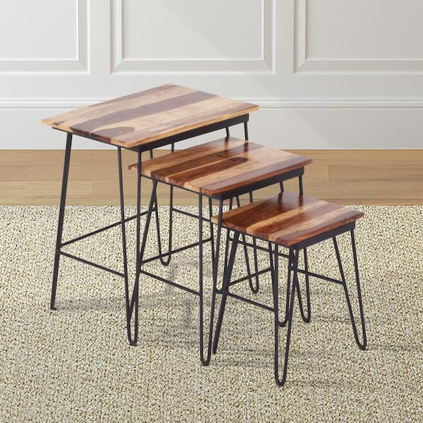 Tristan Sheesham Wood and Iron Base Nesting Tables (Set of 3)