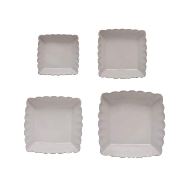 Storied Home 10.37 in. 65 fl. oz Matte White Square Stoneware Serving Bowls with Scalloped Edge (Set of 4)