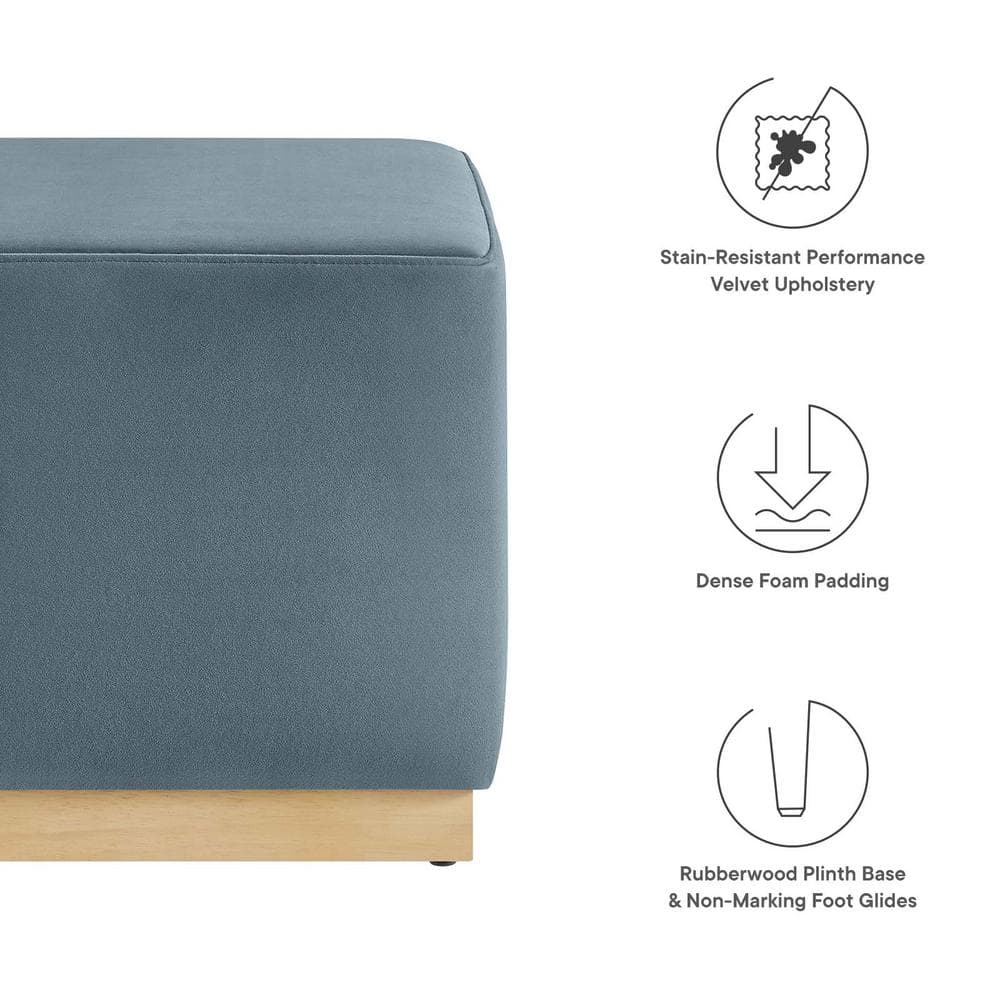 Cadet Blue Velvet Upholstered Ottoman with Rubberwood Base