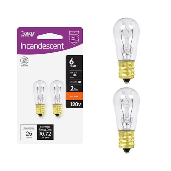 6-Watt Soft White (2700K) S6 Candelabra E12 Base Dimmable Incandescent Light Bulb (2-Pack)