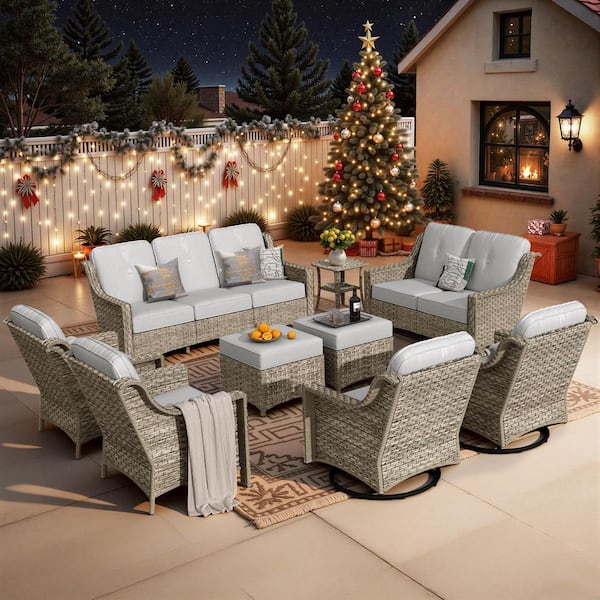 Toject Eureka Gray 9-Piece Wicker Modern Outdoor Patio Conversation Sofa Seating Set with Swivel Chairs and Light Gray Cushions