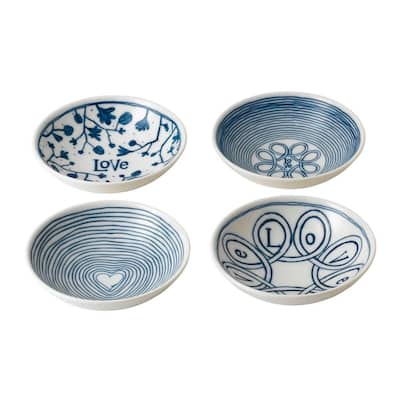 Blue Love 7 fl. oz. Mixed Pattern Blue and White Porcelain Bowls (Set of 4)
