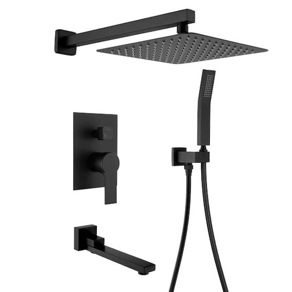 FLG Single-Handle 1-Spray 10 in. Wall Mounted Tub and Shower Faucet with Hand Sprayer in Matte Black (Valve Included)