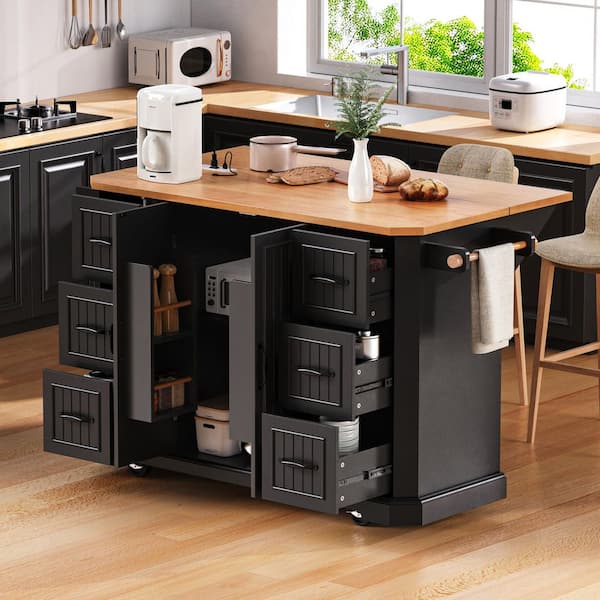Black Wood 55.5 in. Rolling Kitchen Island with Drop Leaf, Power Outlet, 4 Wheels and 6 Drawers