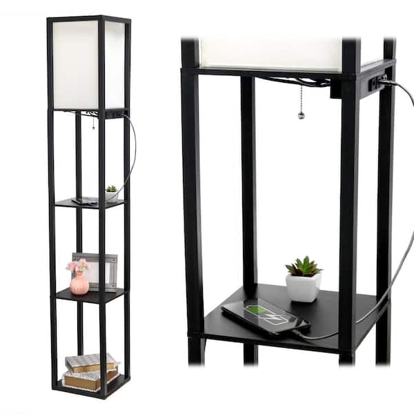 Simple Designs 62.5 in. Black Floor Lamp Etagere Organizer Storage Shelf with 2 USB Charging Ports, 1 Charging Outlet and Linen Shade