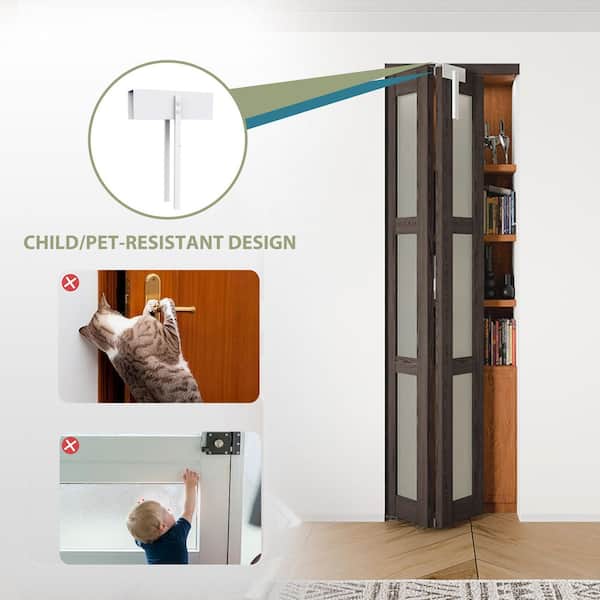 24 in. x 80 in. 3-lite Frosted Glass Solid Core Ancient Wood Color MDF Bi-fold Doors with Lock and Handle