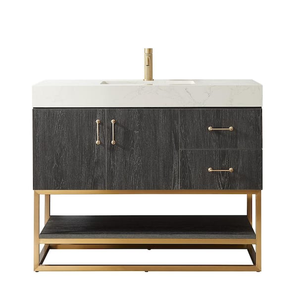 Alistair 42 in. W x 22 in. D x 33.9 in. H Single Sink Bath Vanity in North Black Oak w/ White Grain Stone Composite Top