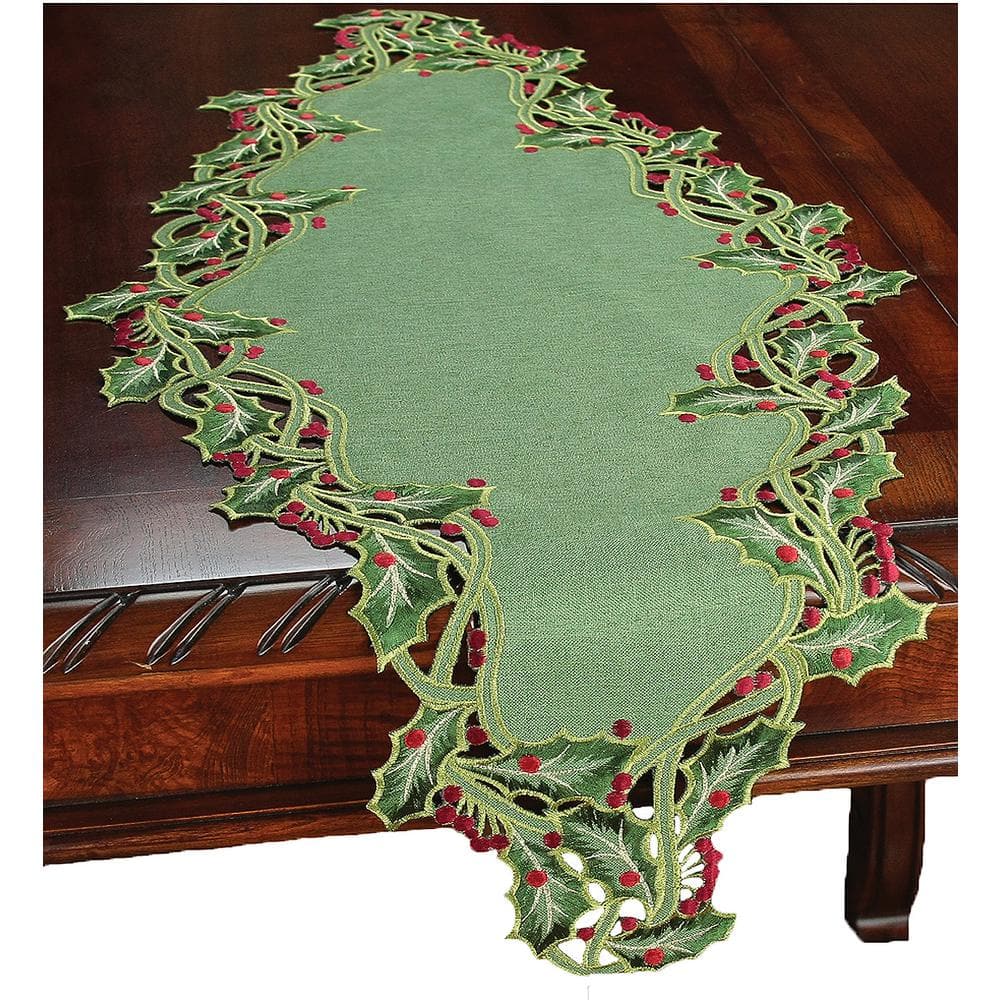 Xia Home Fashions Holiday Holly Embroidered Cutwork Christmas Doilies Green 16-Inch Round Set of 4