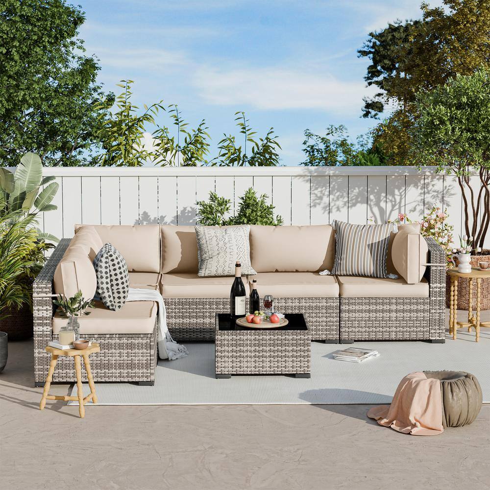 7-Piece Gray Wicker Outdoor Patio Conversation Set with White Cushions