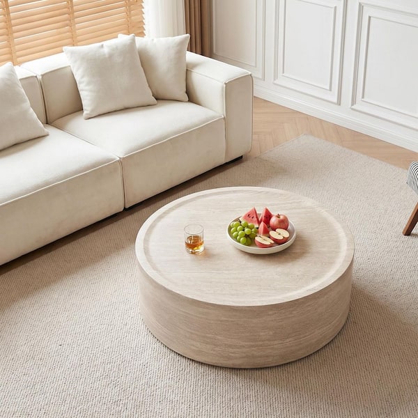Modern 39.37 in. Natural Brown Round MDF Coffee Table with Faux Travertine Finish