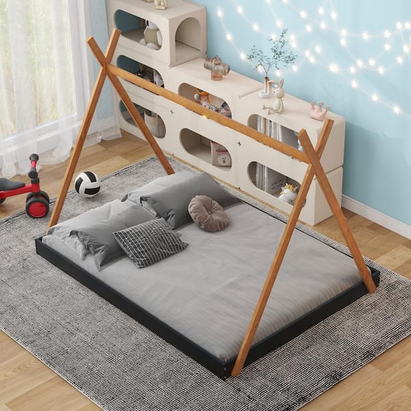 Harper & Bright Designs Tent Style Black and Brown Wood Frame Full Size Platform Bed with Triangle Structure and X-Shaped Safety Railings