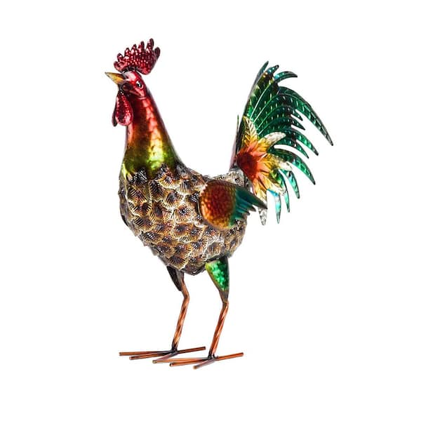 16 in. Tall Outdoor Metallic Rooster Standing Yard Statue Decoration, Turquoise