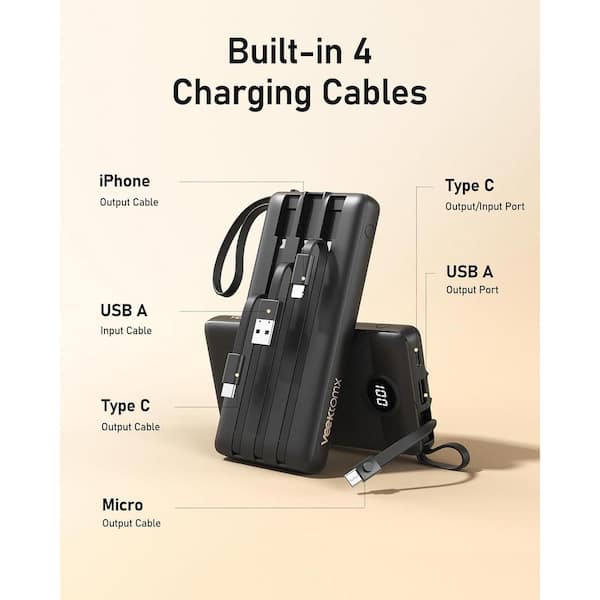 Lukyamzn 10000 mAh Slim Portable Power Bank in Black with Built-In