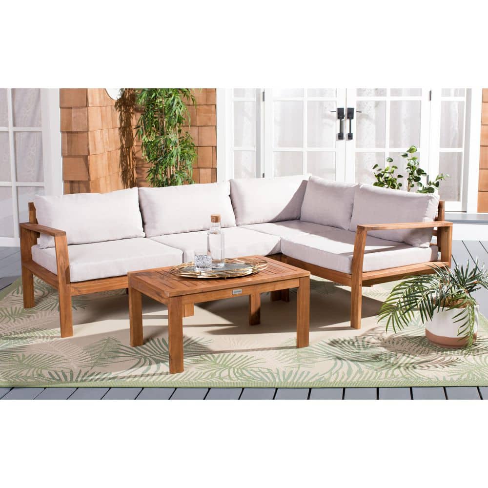 Endelia Natural Wood 4-Piece Patio Set with Light Gray Cushions