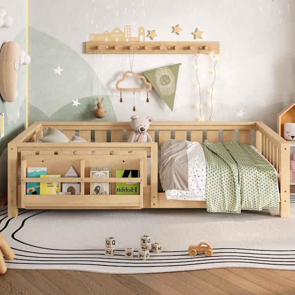 Light Natural Twin Size Pine Wood Low Platform Bed with Safety Guardrails and Built-in Bookshelf