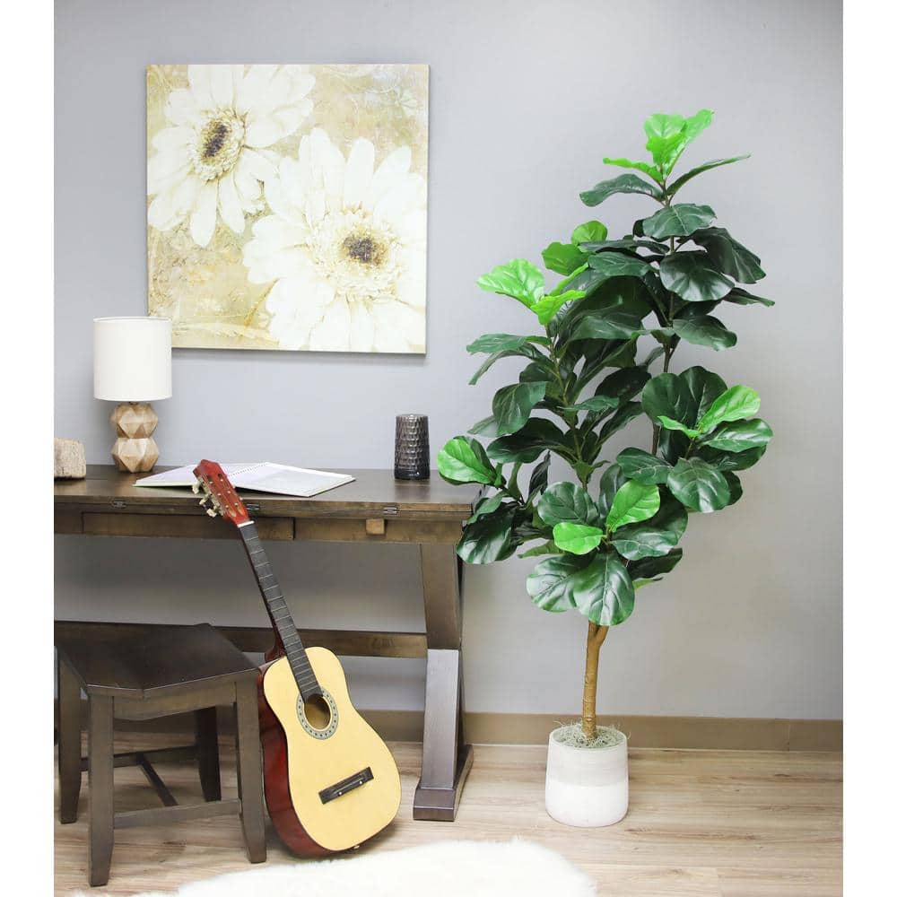 66" Tall Artificial Green Fiddle Leaf Fig Tree in White Planter