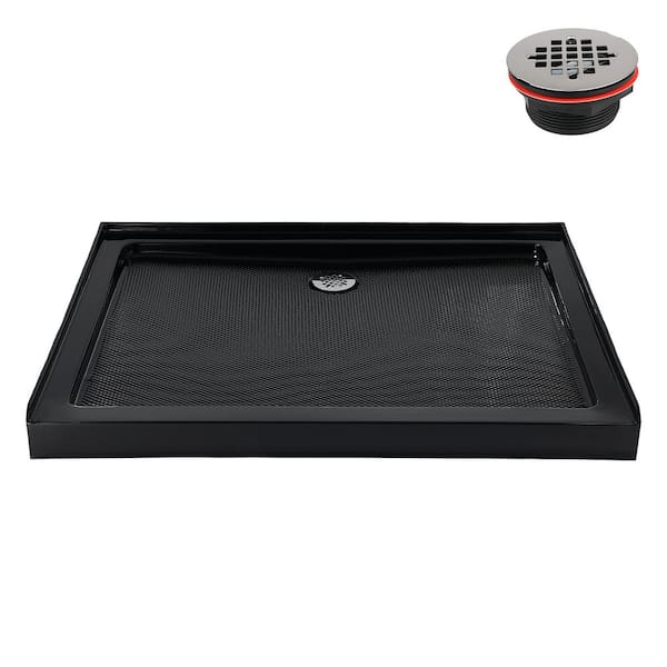 48 in. L x 36 in. W Alcove Acrylic Shower Pan Base in Glossy Black with Center Drain, Drain Included