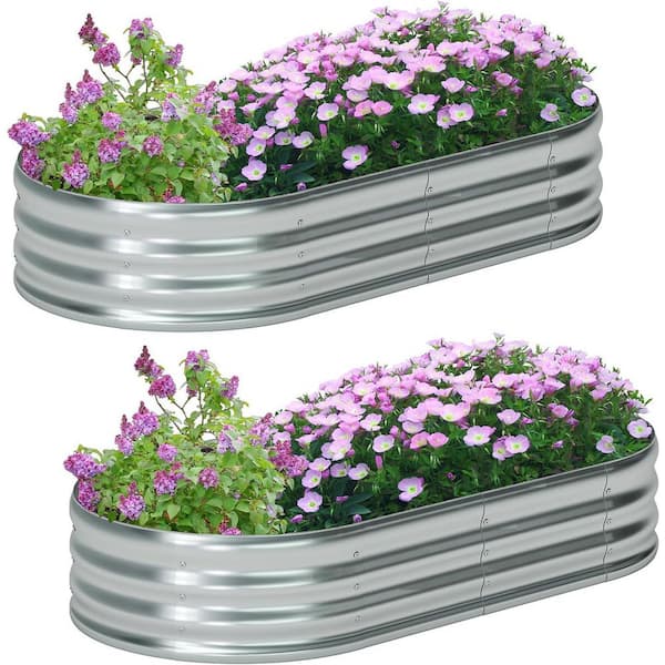 Primehome (2-Pack) 4 x 2 x 1 ft. Galvanized Steel Oval Raised Garden Bed Planter Box-Outdoor Garden Planter for Vegetables/Flowers