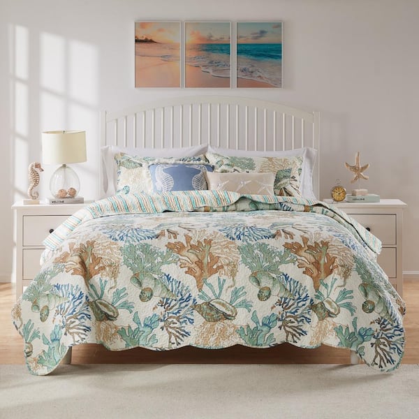 Atlantis 5-Piece Jade Coastal Cotton Blend Full/Queen Quilt Set