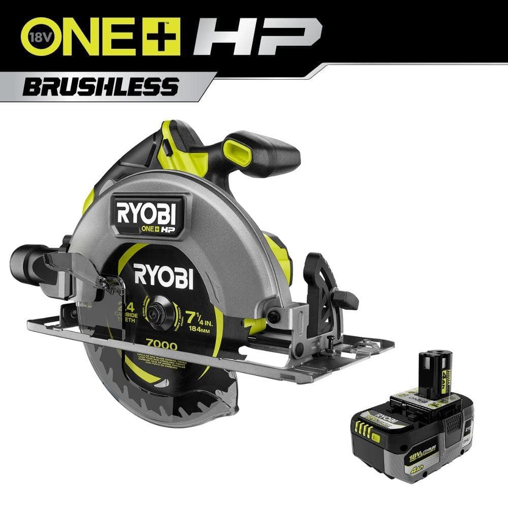 RYOBI ONE+ HP 18V Brushless Cordless 7-1/4 in. Circular Saw with 4.0 Ah Lithium-Ion HIGH PERFORMANCE Battery -  PBLCS300PBP004