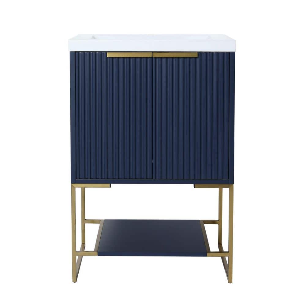 24 in. W x 18 in. D x 35 in. H Freestanding Bathroom Vanity in Blue with Gl