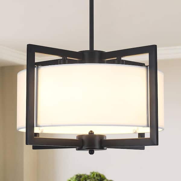 ADSENSTY 4-Light Matte Black Chandelier Pendant Light with White Drum Shade