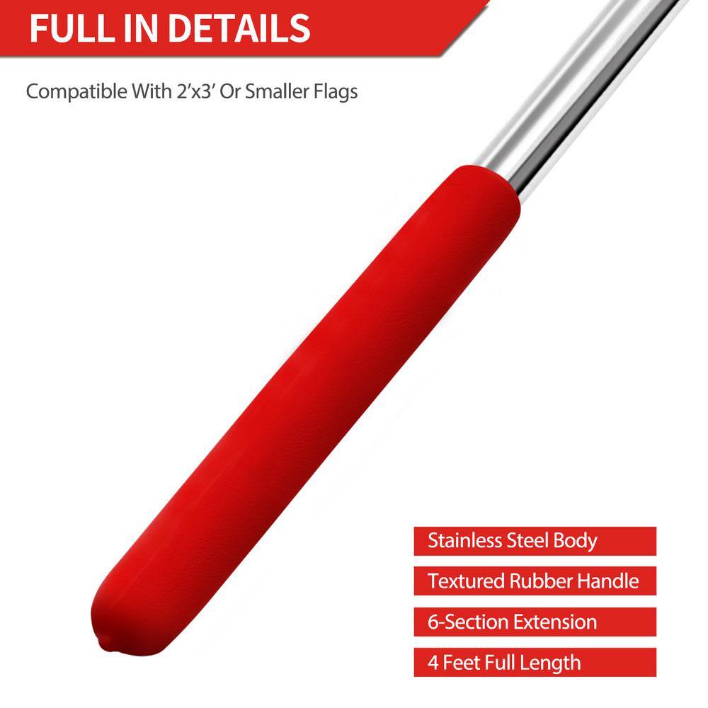 4-Foot Red Telescopic Stainless Steel Handheld Flagpole