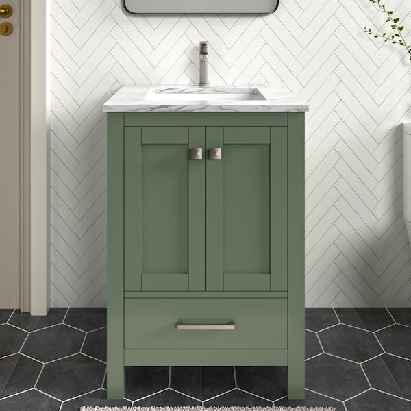 HOMEVY STUDIO Anneliese 24 in. W x 21 in. D x 35 in. H Single Sink Freestanding Bath Vanity in Forest Green with Carrara Marble Top
