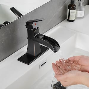 Modern Single Handle Single Hole Bathroom Faucet with Deck Plate Drain, Waterfall Bathroom Faucet in Oil Rubbed Bronze