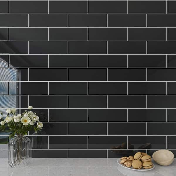 Giorbello Black 4 in. x 12 in. x 8mm Glass Subway Tile (5 sq. ft./Case)