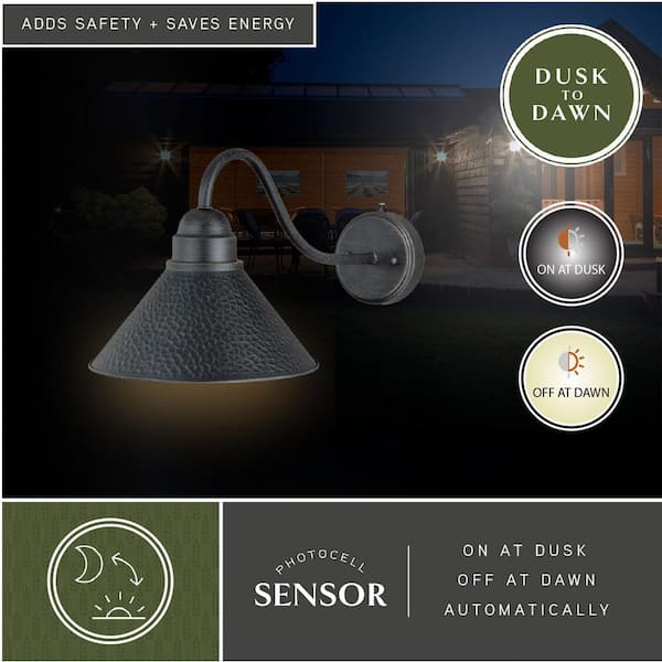 Outland 1-Light Dusk to Dawn Black Gold Farmhouse Barn Dome Outdoor Wall Lantern Sconce