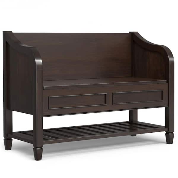 Simpli Home Connaught  42 in. Wide Solid Wood Entryway Storage Bench with Shelf in Chestnut Brown