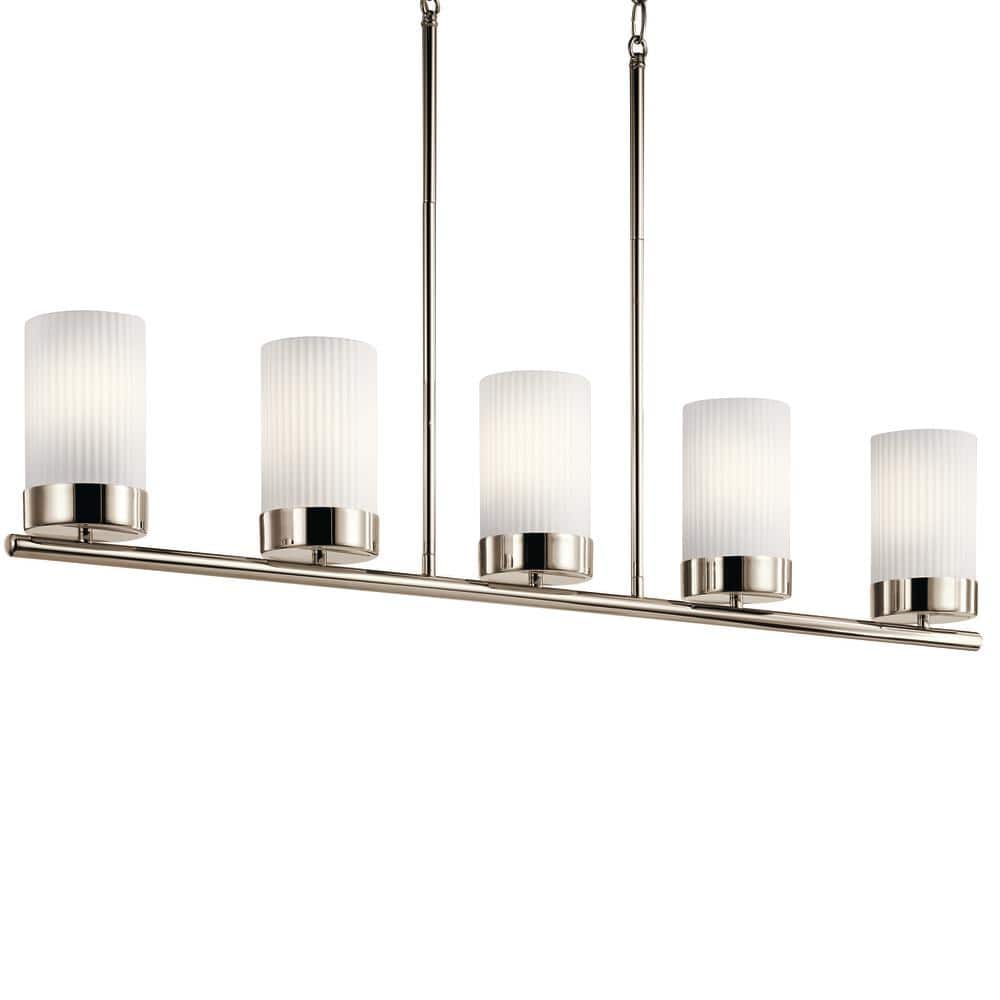 Polished Nickel and Brass 5-Light Linear Chandelier with Ribbed Glass Shades