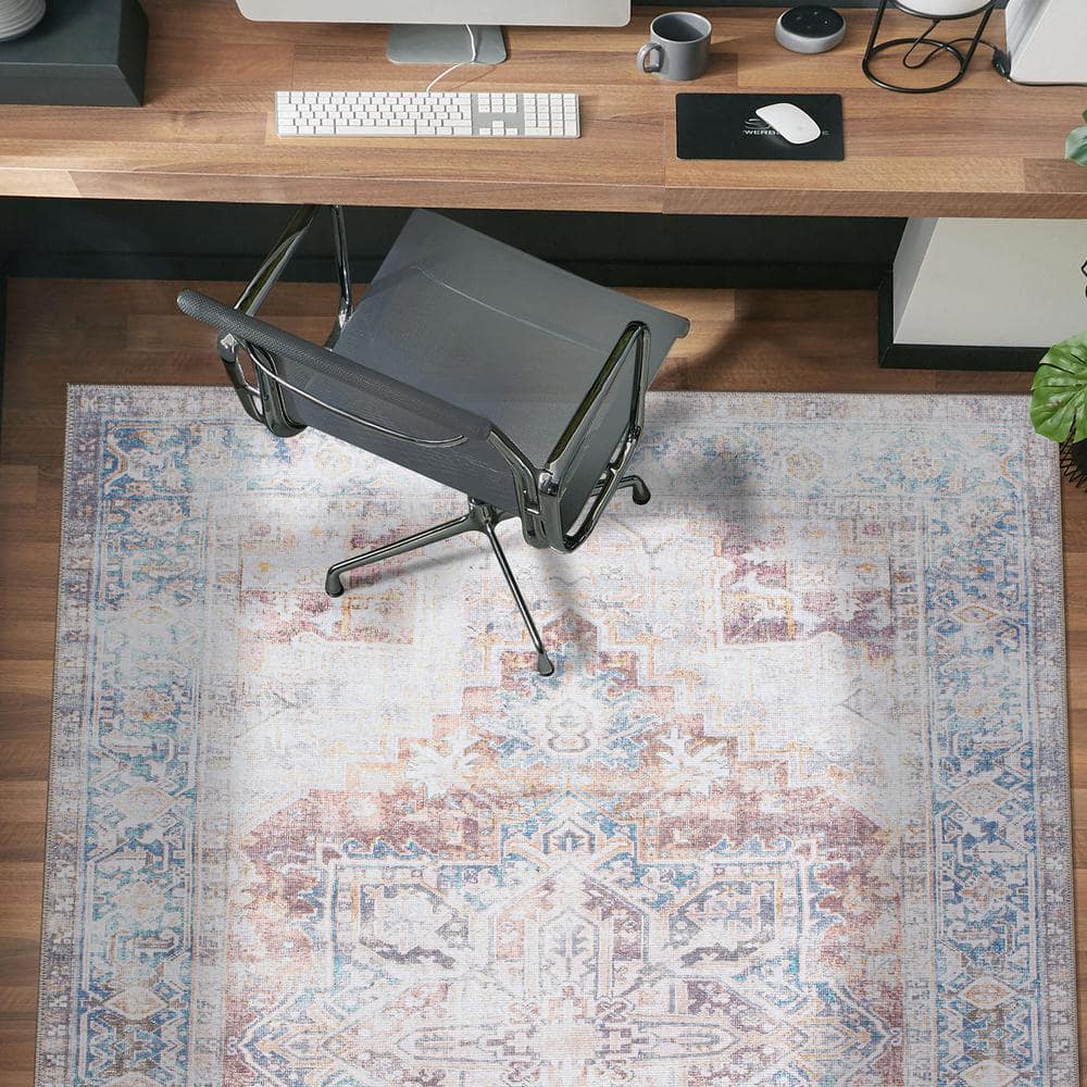 Rust and Blue Medallion Flat Woven Machine Washable Area Rug