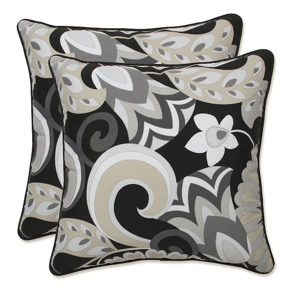 Floral Black Square Outdoor Square Throw Pillow 2-Pack