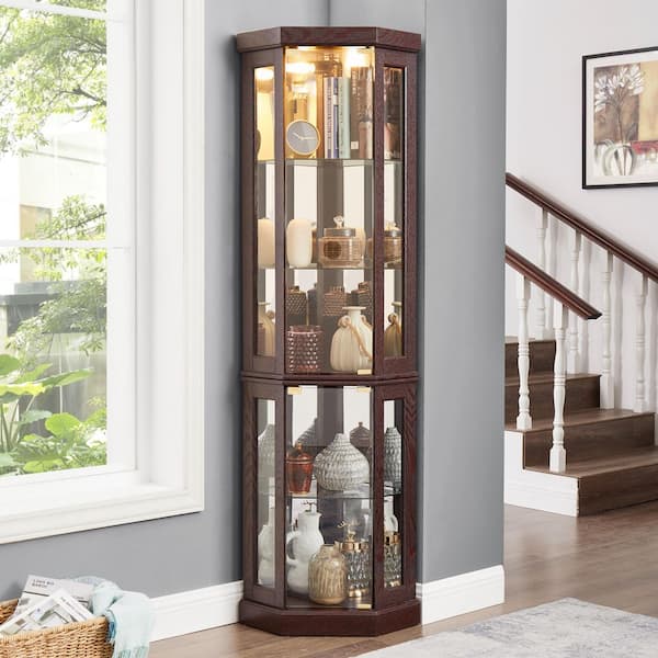 Dark Cherry-A 69 in. H Lighted Glass Display Case for Antique Collections & Wine-Includes Built-in Lighting