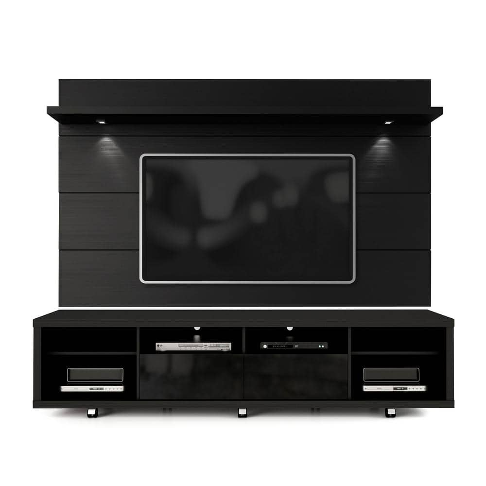 Manhattan Comfort Cabrini 86 in. Black Engineered Wood Entertainment Center with 2 Drawer Fits TVs Up to 70 in. with Wall Panel, Black Gloss and Black Matte/Pro Touch/ Matte and High Gloss -  2-1531382353