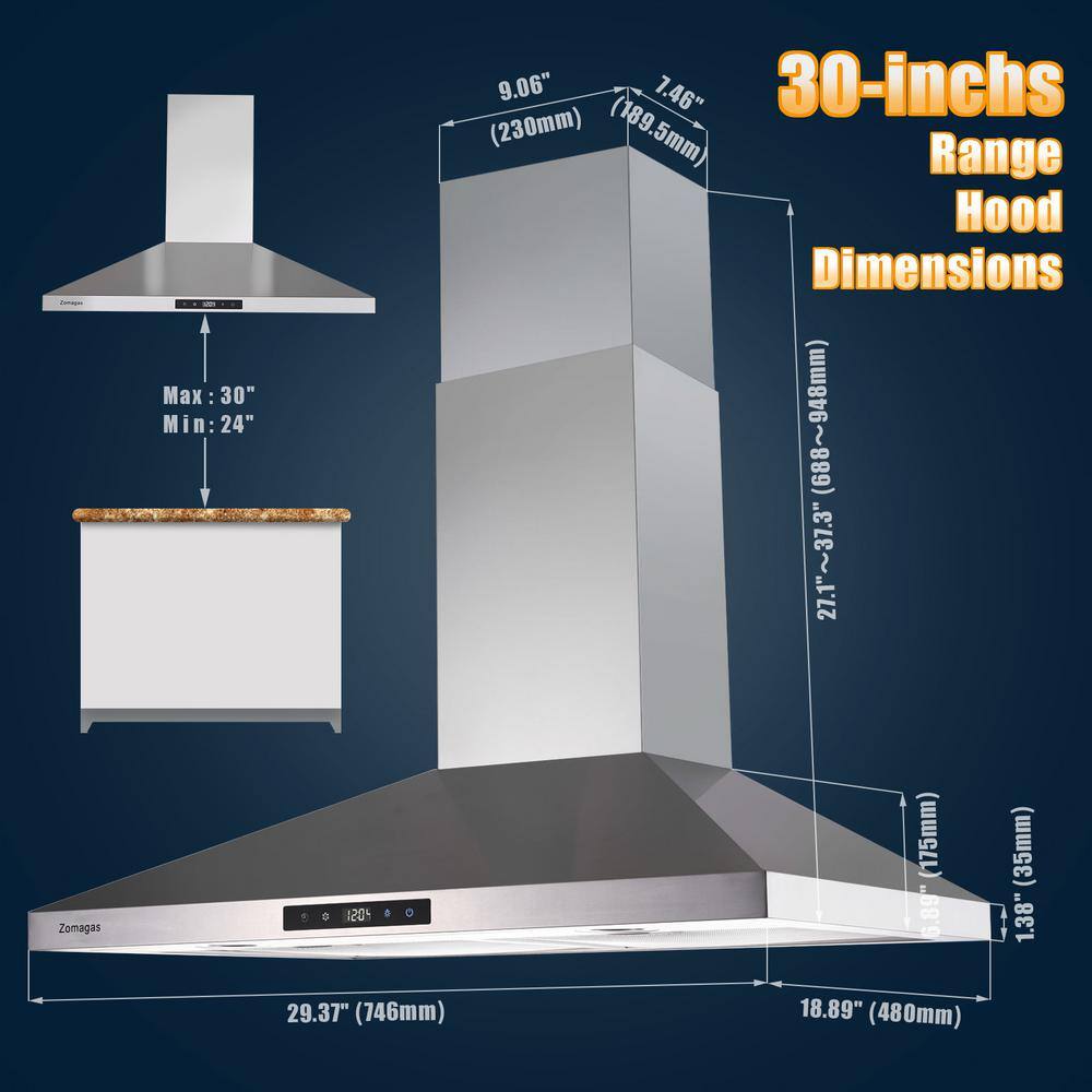 30-Inch Stainless Steel Wall Mounted Range Hood with Touch Control