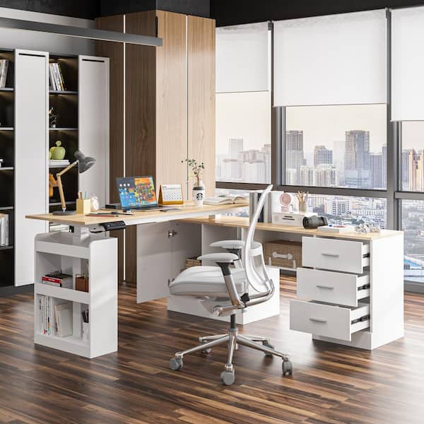 63 in. W L- Shaped Adjustable Height Desk Ergonomic Stand Up Desk White Home Office Sit With Memory Preset Controller