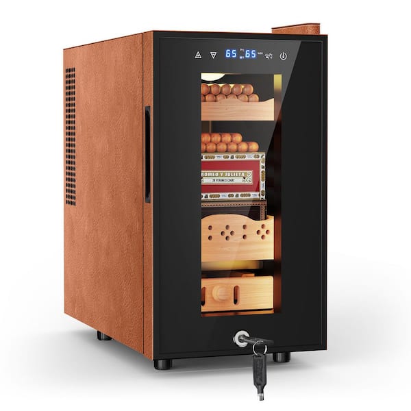 10.24 in. Single Zone Electric Cigar Humidor 25L Storage 220-Counts with Lock Humidity and Temperature Control in Brown