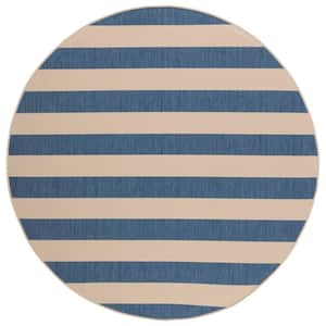 Courtyard Beige/Blue 7 ft. Round Awning Stripe Indoor/Outdoor Area Rug