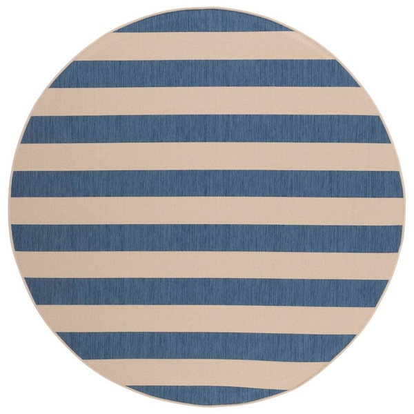 SAFAVIEH Courtyard Beige/Blue 7 ft. Round Awning Stripe Indoor/Outdoor Area Rug