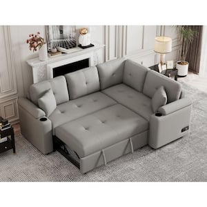 87.4 in. W Gray Polyester Full Size 3 Seats Convertible Sectional Sofa Bed with USB Charging Port